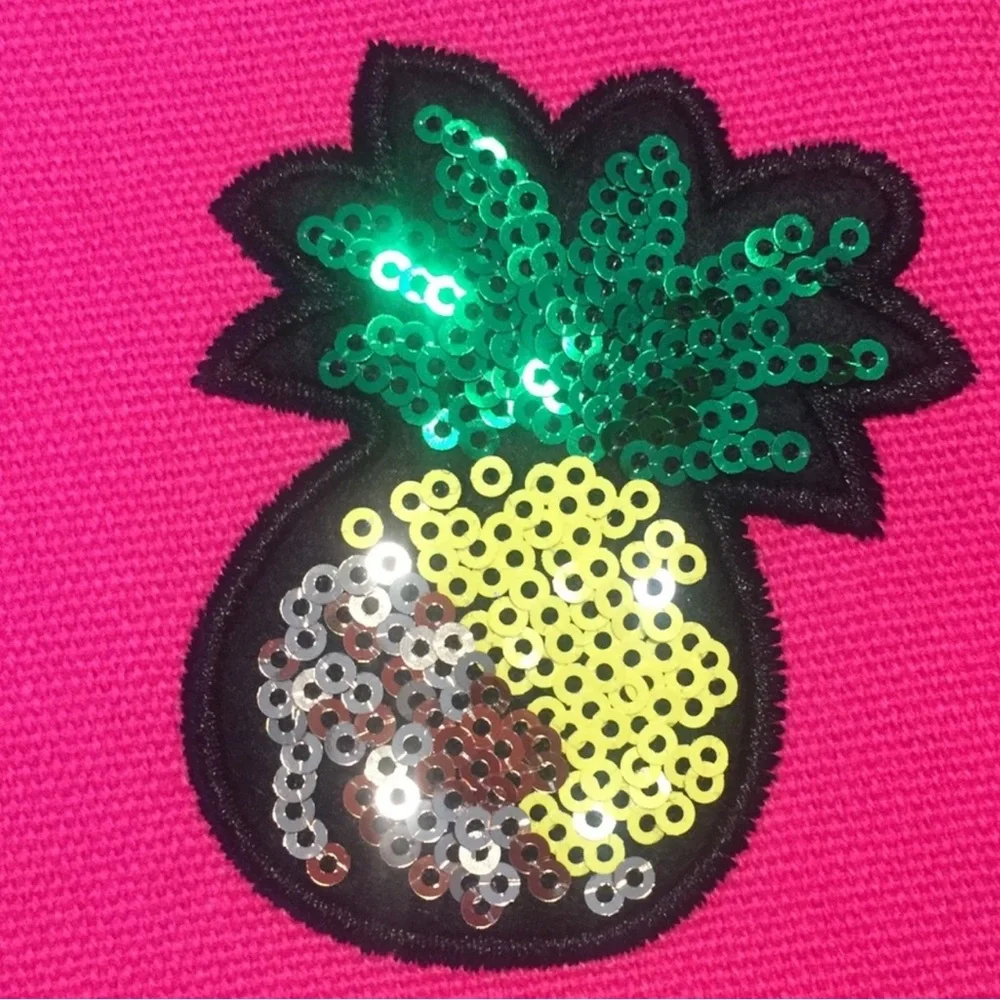 TARTE Tropical Neon Pink Cosmetic Bag Sequined Palm & Pineapple Clutch Gold Zip - Picture 5 of 7